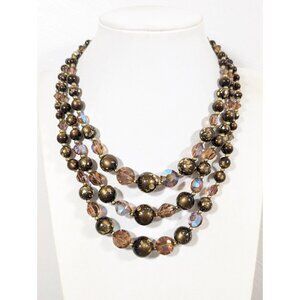 Vintage Brown Moonglow Aurora Boreals Glass Triple Strand Necklace 16" Choker